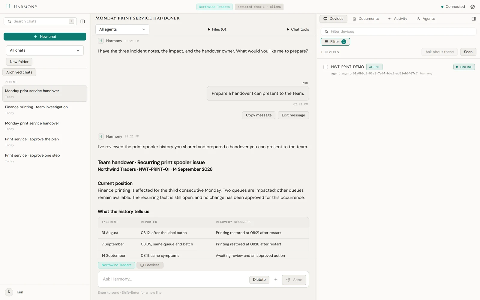 Harmony's Daylight workspace, with saved chats, a shift handover conversation, and the devices panel